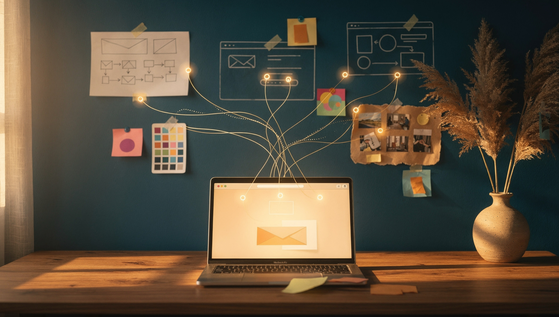 A warm, softly lit content strategist's workspace at golden hour. An open laptop on a wooden desk emits delicate threads of amber light that flow upward onto a deep blue wall, where they connect to pinned wireframes, user journey maps, a website mockup, color swatches, and sticky notes. A vase of dried pampas grass sits to the right.